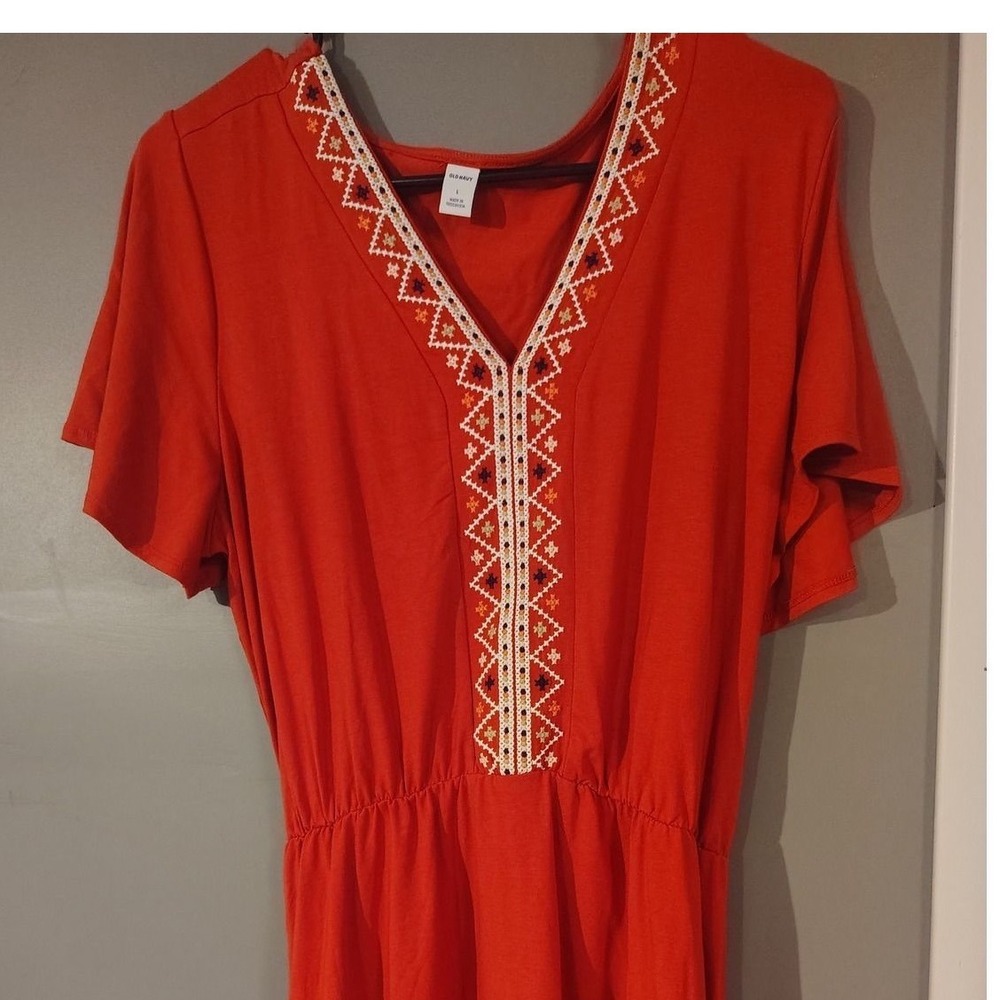 Old Navy Embroidered V-Neck Midi Dress Burnt Orange Boho Elastic Waist Large - Picture 1 of 5